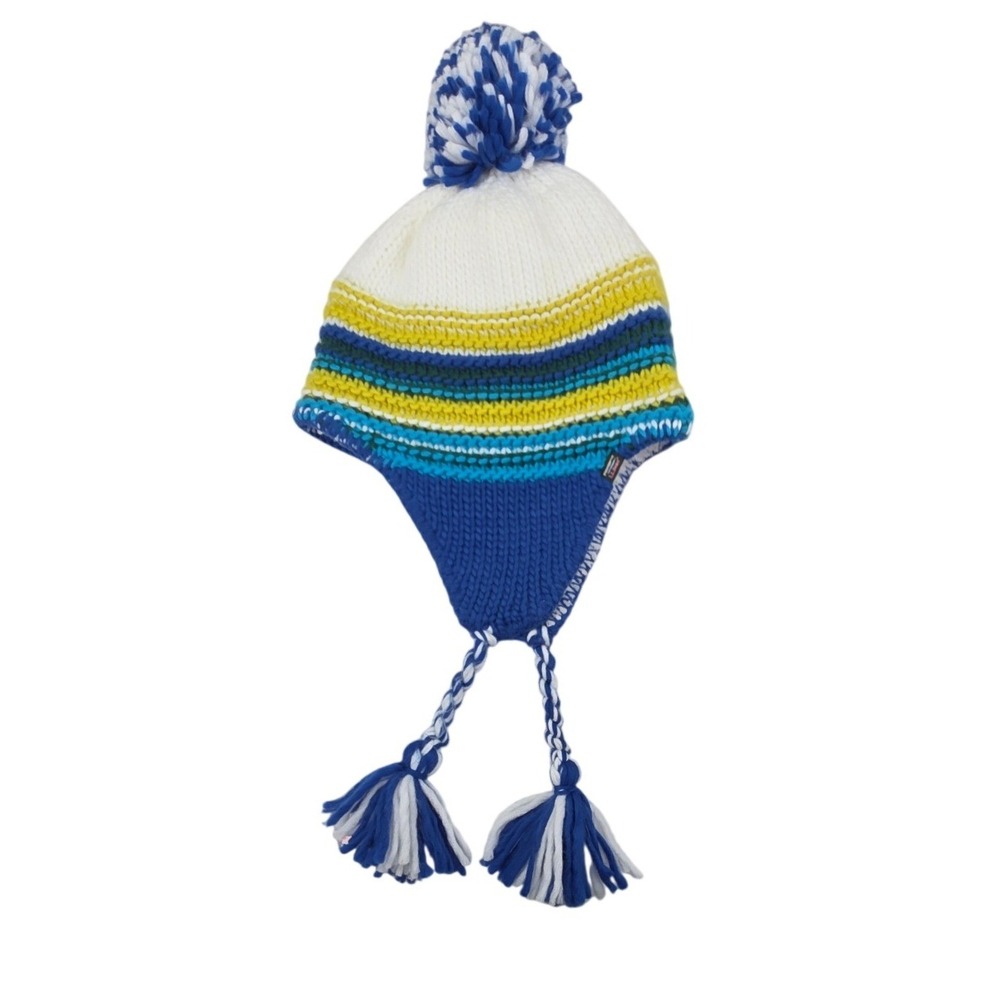 L.L.Bean M/L Oversized Blue Yellow Stripe Peruvian Pom Pom Earflap Winter Hat